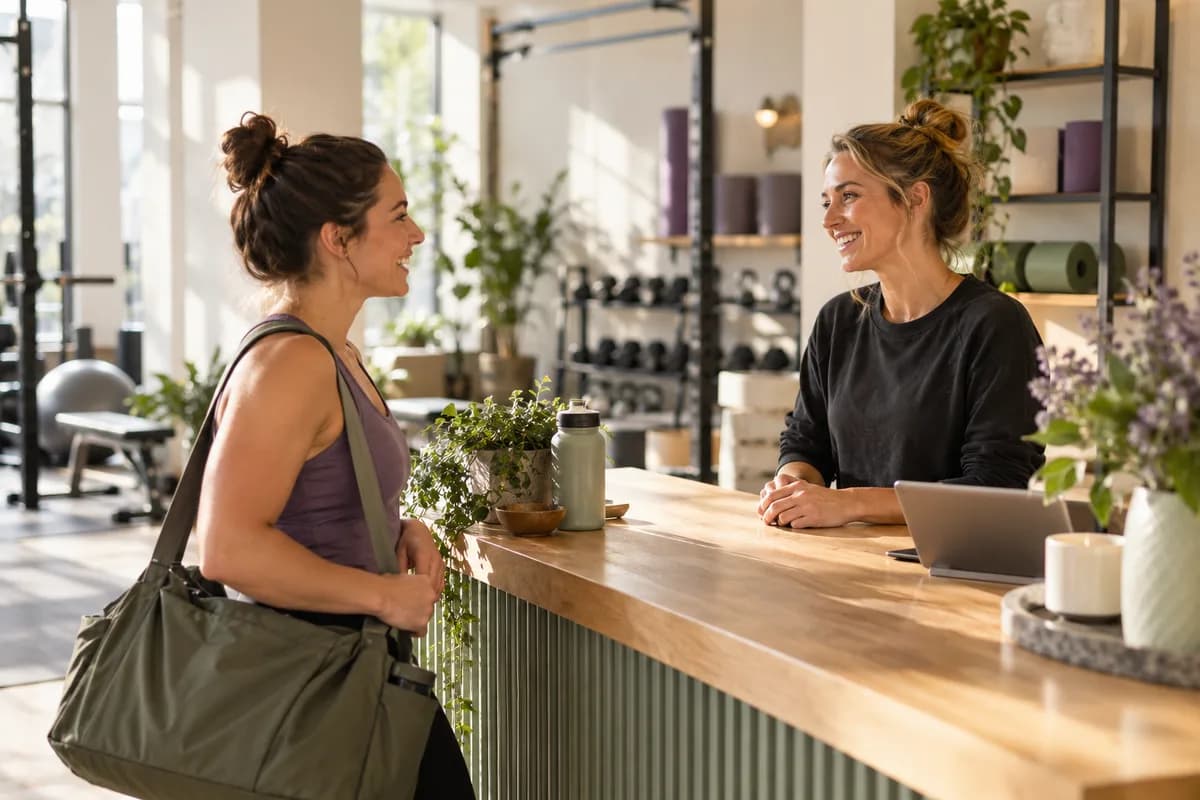 A fitness instructor welcoming an adult member at a bright boutique studio