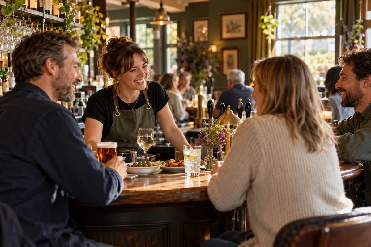 A bartender welcoming adult regulars at a warmly lit neighbourhood pub