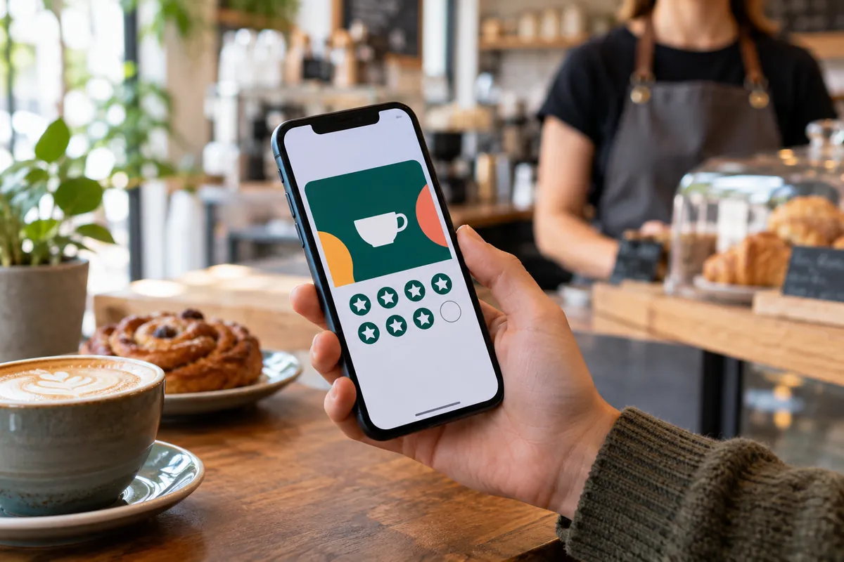 A customer holding a phone with a digital loyalty pass at a café