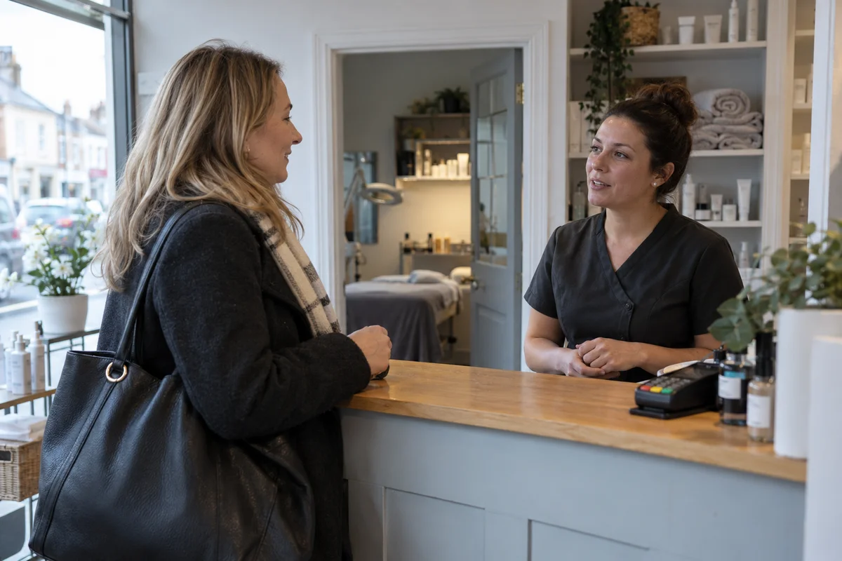 A beauty therapist talking with a returning customer at the reception of an independent British beauty salon