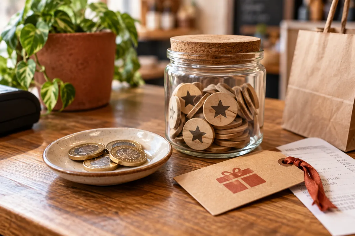 Coins, reward tokens and an offer tag illustrating three reward models