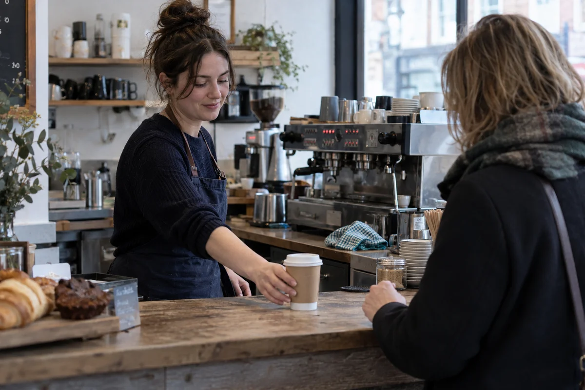 A barista handing a takeaway coffee to a customer in a neighbourhood café