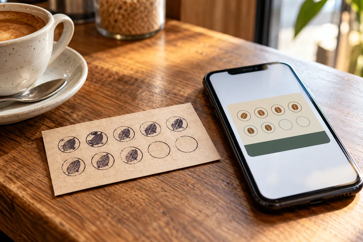 A paper stamp card and a phone with a digital loyalty card on a café counter