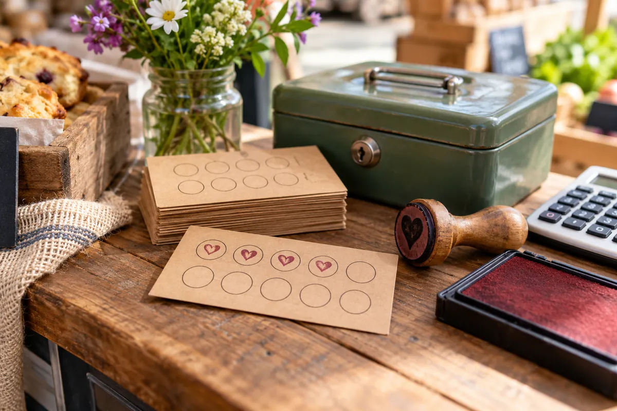 Paper loyalty cards and a stamp on a small market-stall counter