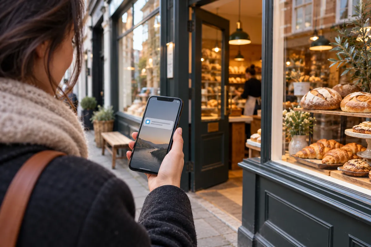 A customer checking a phone outside a neighbourhood bakery