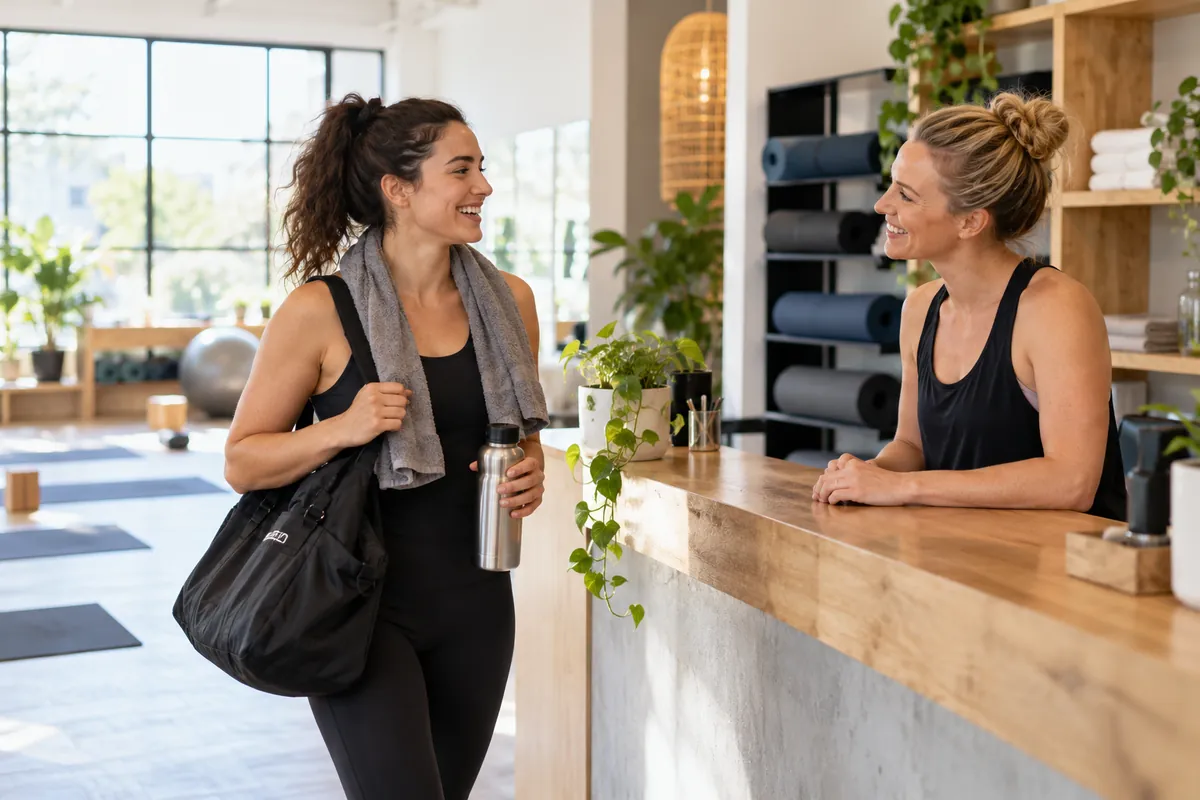 A fitness instructor welcoming a returning studio member