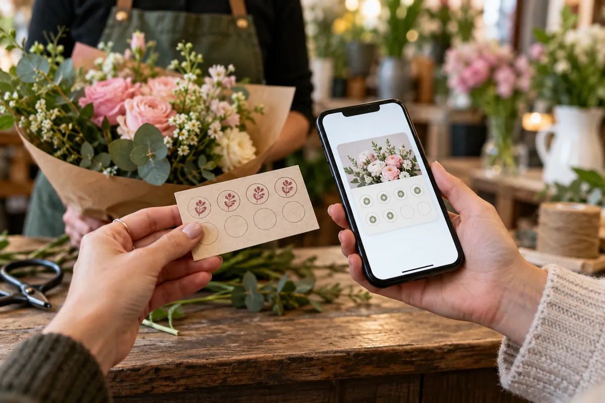 Paper and digital loyalty cards at an independent florist