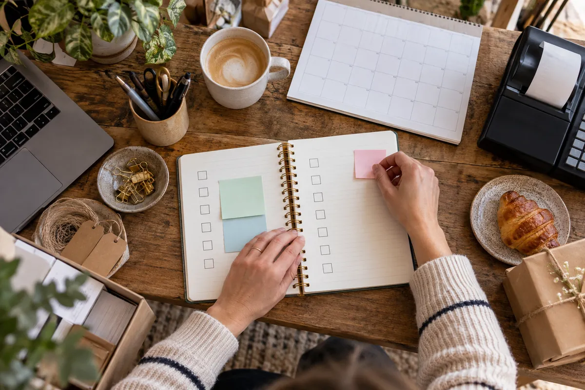 A shop owner preparing a programme launch checklist at a desk
