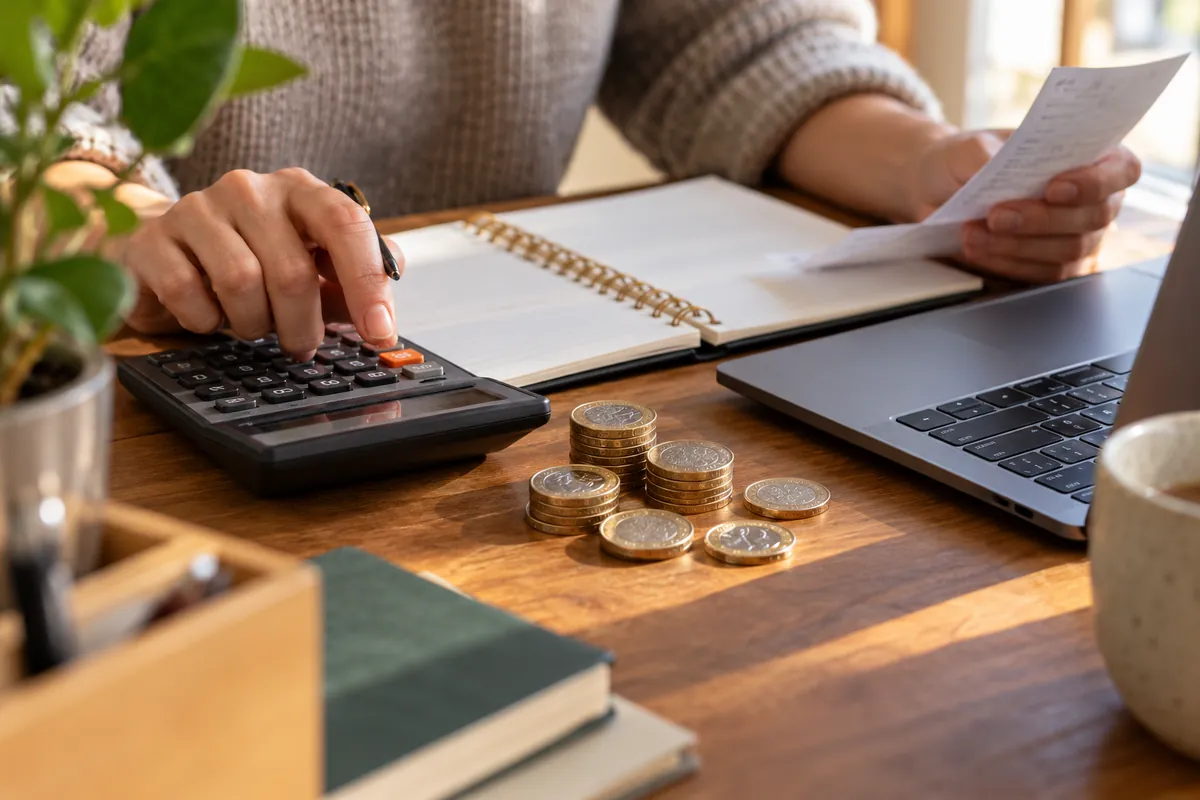 A business owner checking reward costs with a calculator and notebook