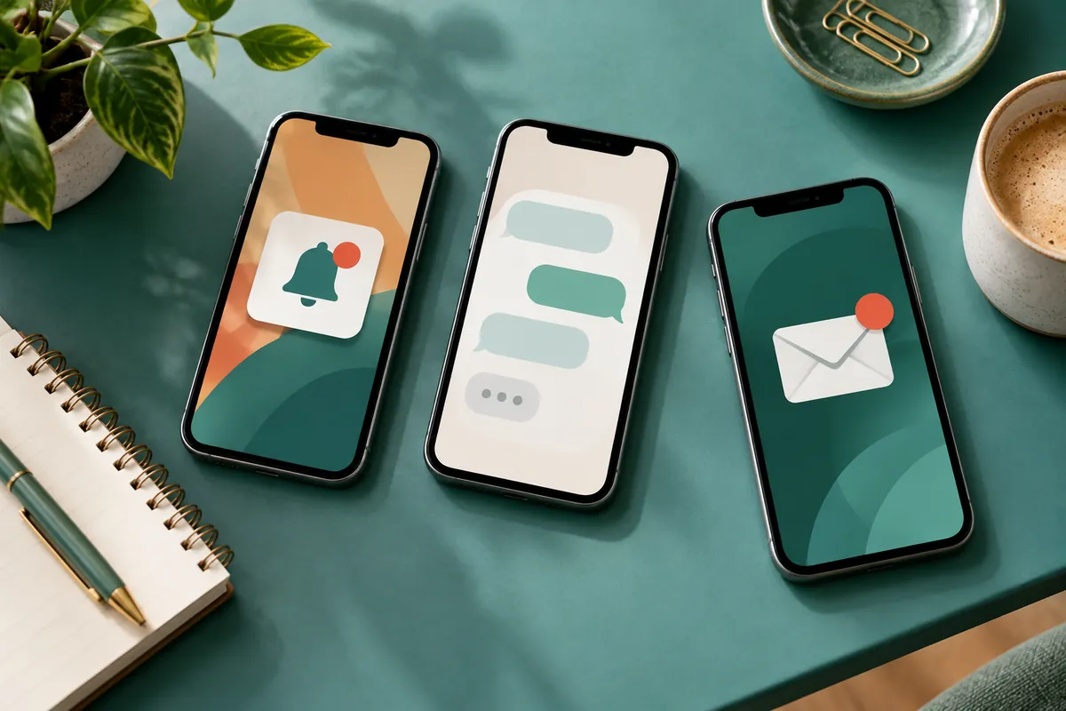 Three phones illustrating notifications, text messages and email