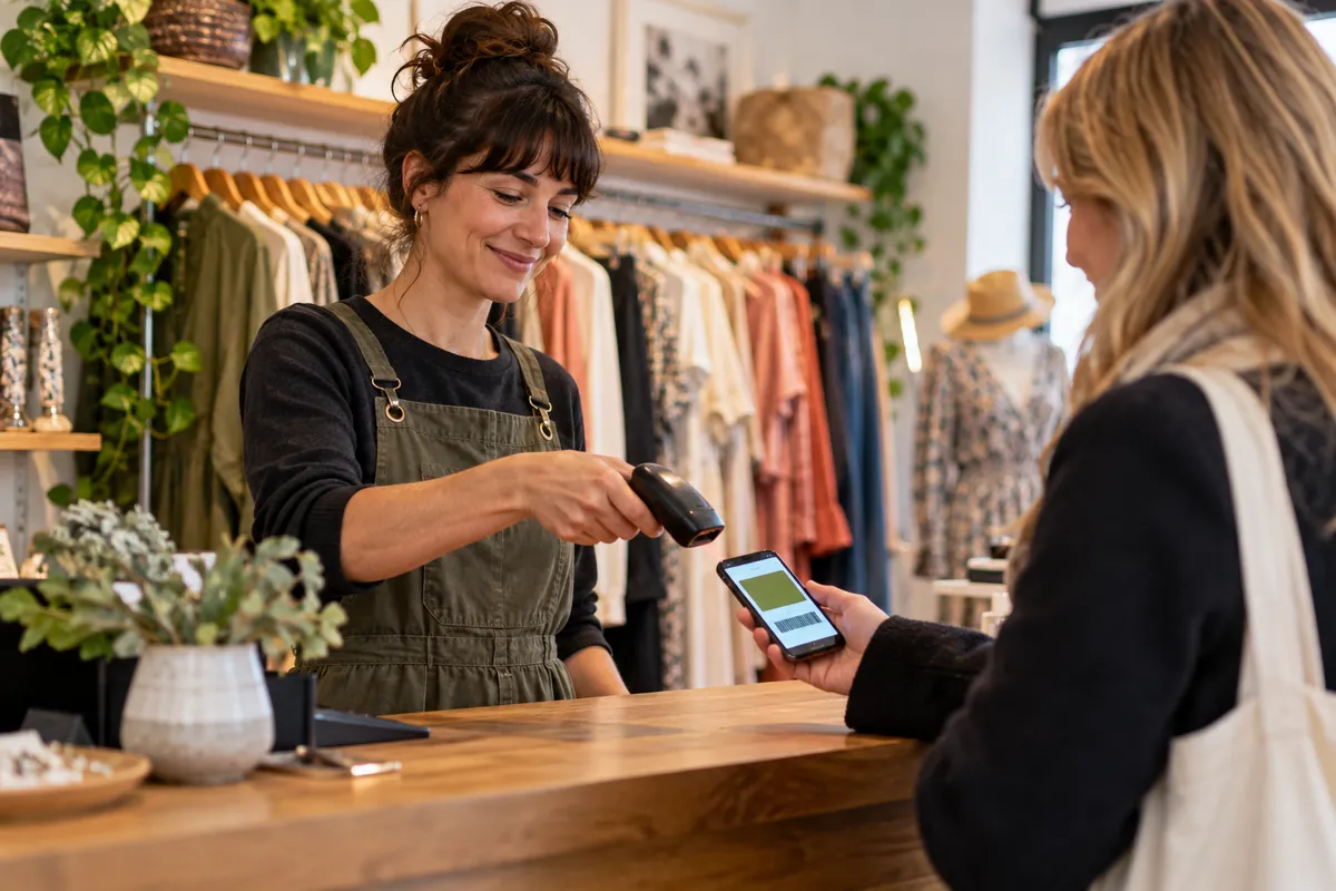 A retail shopkeeper checking a customer’s digital loyalty card