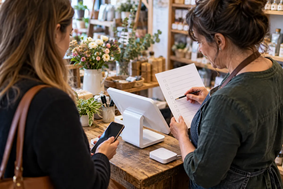 A shopkeeper comparing a checkout tablet and a customer loyalty card on a phone