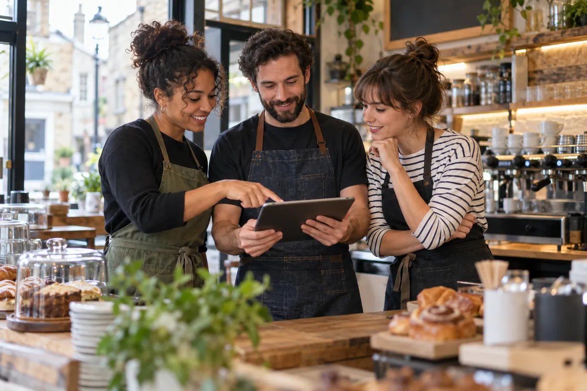 A café team practising the loyalty sign-up workflow before opening