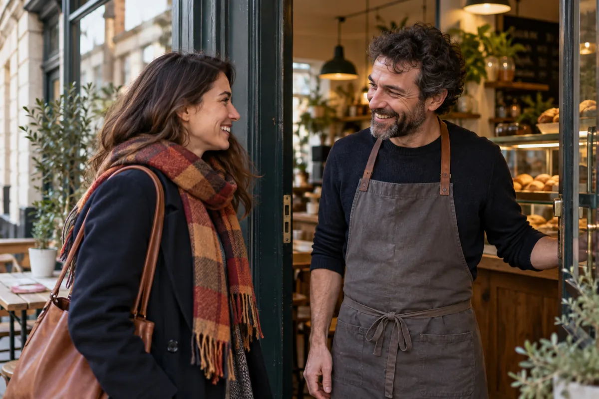 A returning customer being welcomed at a neighbourhood café